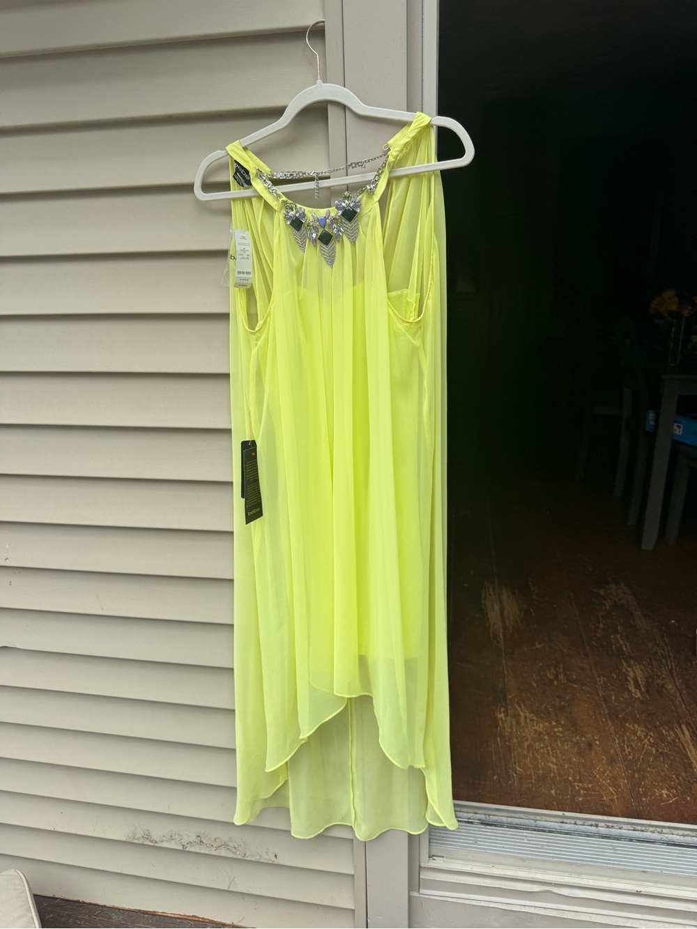 bebe Neon Yellow Chiffon Dress with Silver Accent